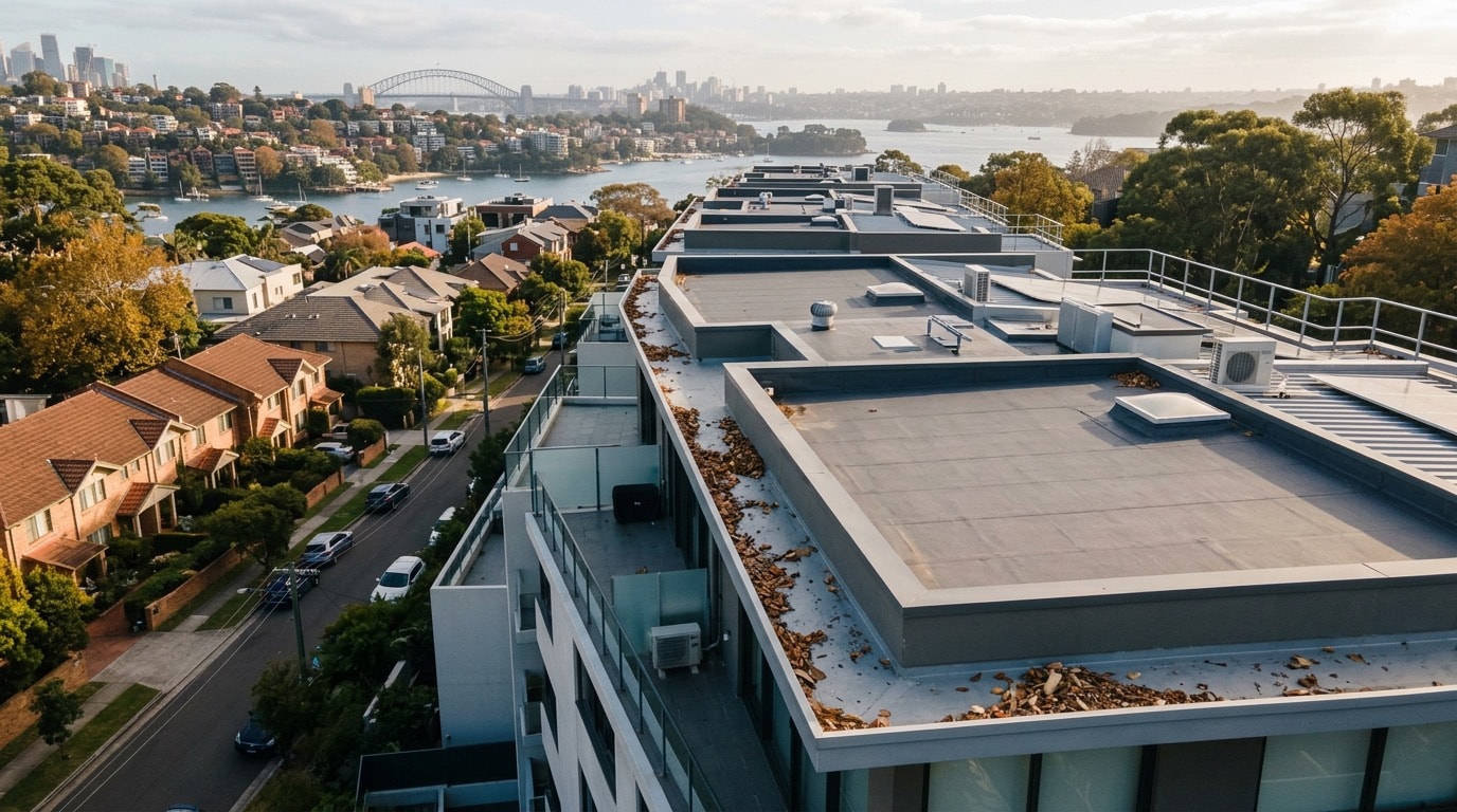 Flat strata roof area with parapets and roof plant access