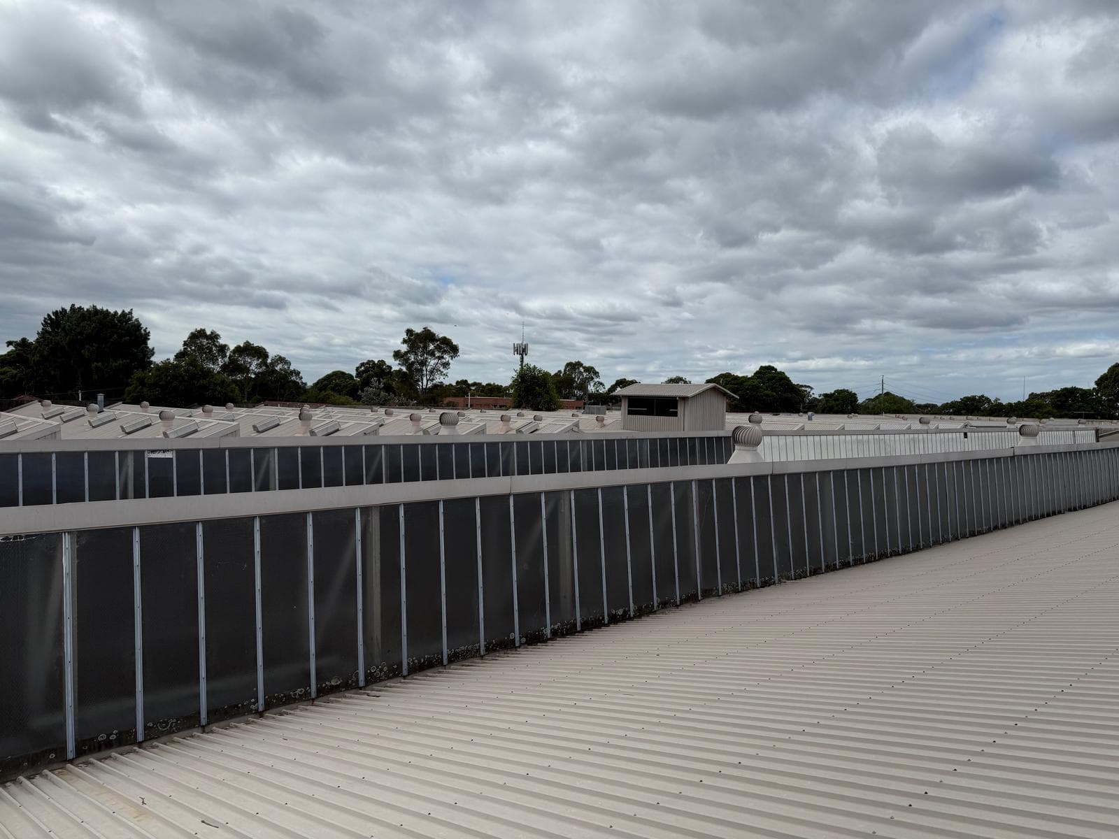 Commercial low-slope metal roof with roof-edge and drainage context