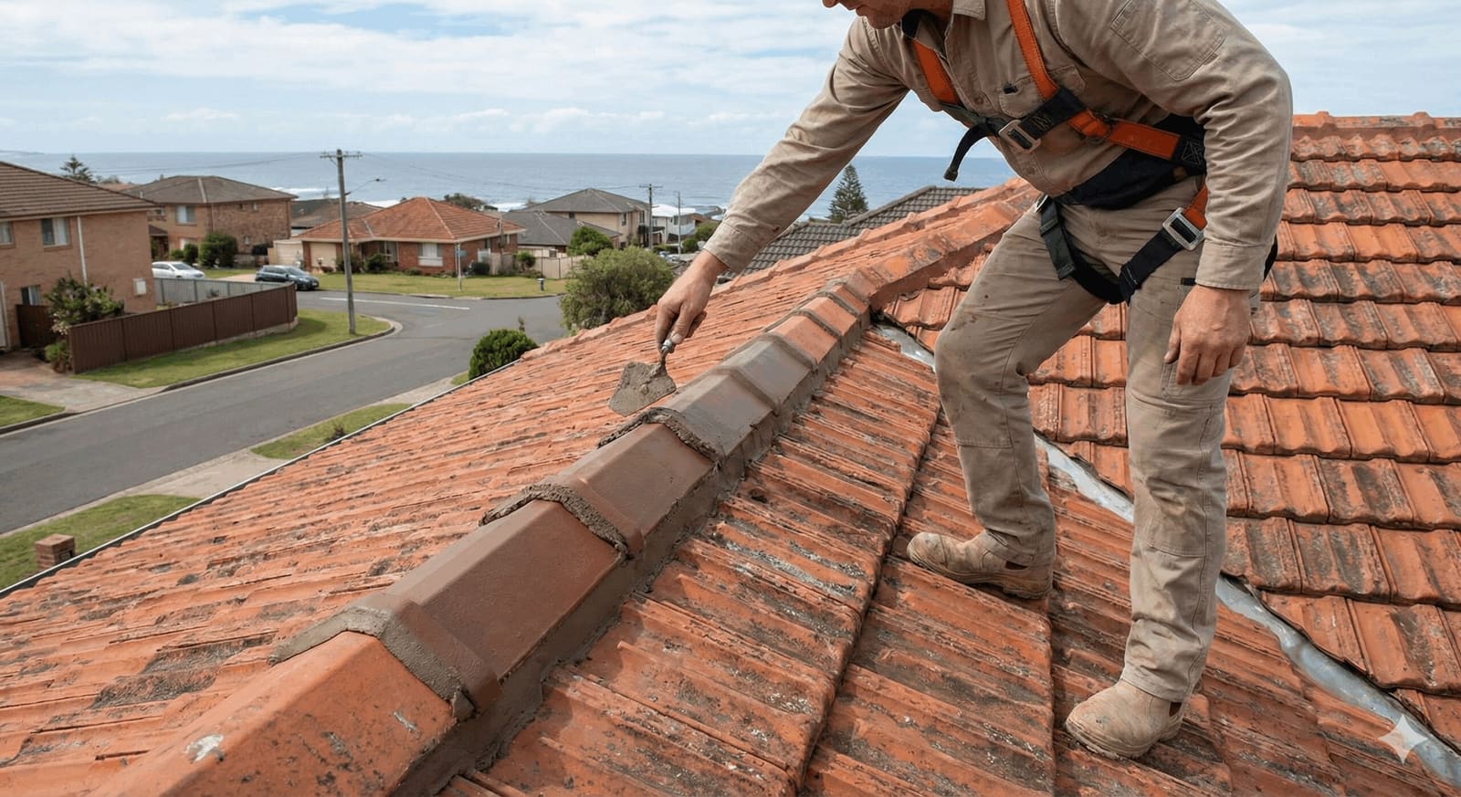 Pitched tile roof and ridge detail