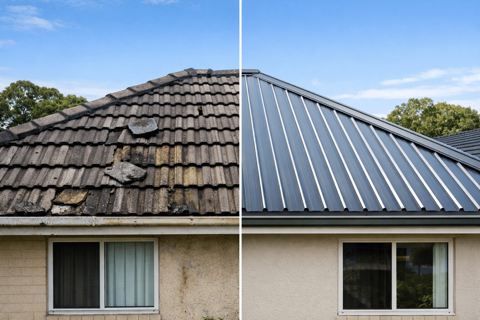 Light corrugated metal roof across a residential roofline